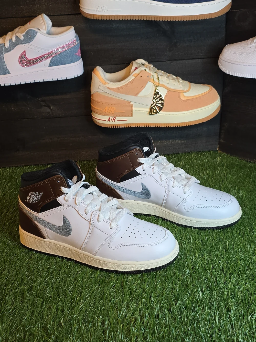 Nike Kids' Mid-Top Sneakers in White, Brown & Gray